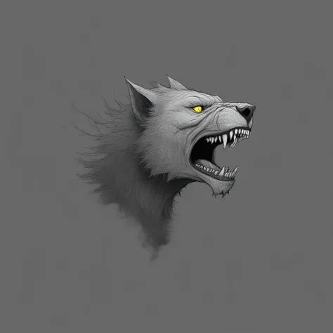 tree, sharp teeth, grey background, solo, black background, cloud, greyscale, teeth, from side, yellow eyes, gradient, simple background