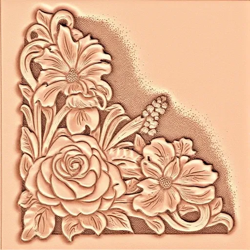 Leatherwork, highly detailed, beautiful floral design, roses, lilys, babys breath