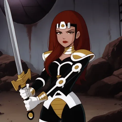 1girl,holding sword,bodysuit.white gloves,red hair