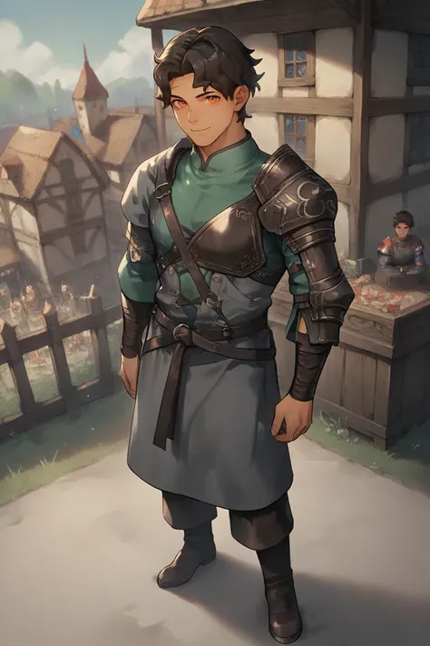 score_9, score_8_up, score_7_up, score_6_up, masterpiece, 1boy, male focus, full body, from above, armor, standing, outdoors, town square, medieval, fantasy, day, arrow, quiver, looking at viewer, smile BREAK cyril, black hair, wavy hair, orange eyes, scar...