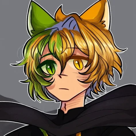 1boy, yellow eyes, heterochromia, cat boy, grey background, animal ears, male focus, green eyes, black pants, simple background, short hair