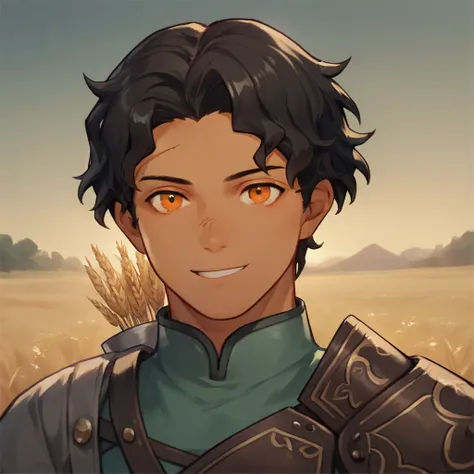 score_9, score_8_up, score_7_up, score_6_up, masterpiece, 1boy, solo focus, portrait, armor, looking at viewer, smile, outdoors, farm, wheat, sunset BREAK cyril, black hair, wavy hair, orange eyes, scar on forehead, dark skin