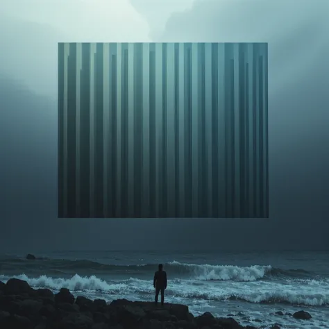 Alternating light and dark bars that create a floating effect as if each layer is suspended in space., A lone figure standing at the edge of a stormy sea
