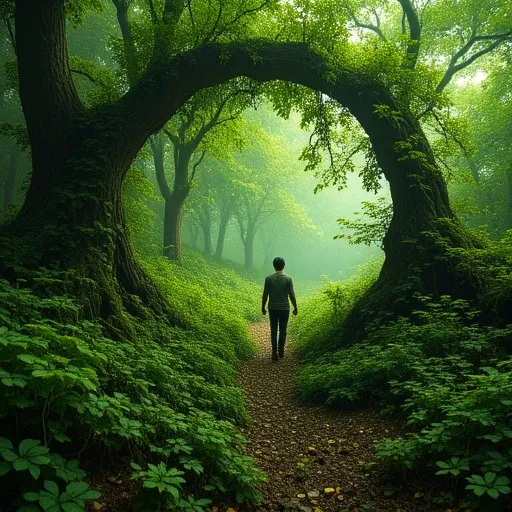 entwined with vibrant greenery, creating a sense of enchantment. This image becomes a metaphor for exploration, and he the seeker of its lost harmony.