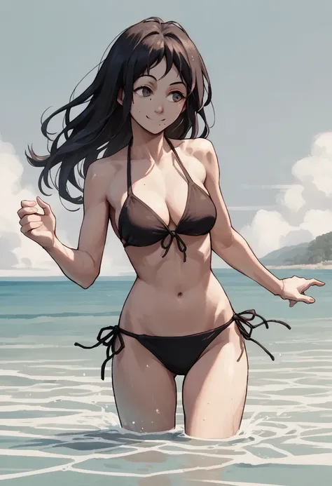 score_9,score_8_up,score_7_up,score_6_up,source anime BREAK, 1girl, stc, solo, long hair, mole, dynamic pose, bikini, panty, beach, submerged in water, smile