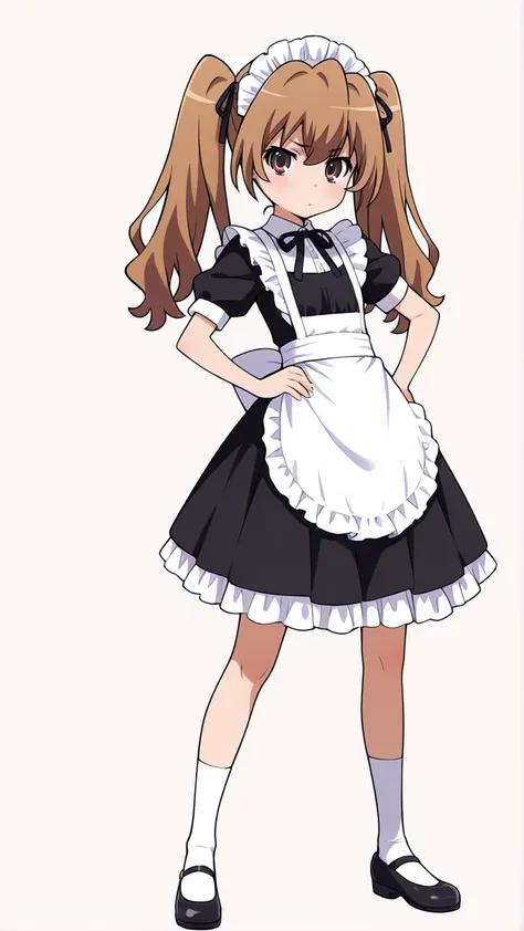 masterpiece,best quality,high resolution,absurdres,aisaka taiga, 1girl, solo, twintails, brown hair, long hair, full body, socks, apron, maid, ribbon, hand on own hip, shoes, hair ribbon, white socks, standing, simple background, frills, dress, white backg...