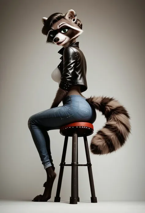 score_9, black background, spotlight on MrsRaccoon, sitting on stool, full body, low angle, looking at viewer, side view, green eyes, digital_media_(artwork) hi_res, rating_safe, beautiful, intricate, high quality details, highly detailed, amazing quality,...