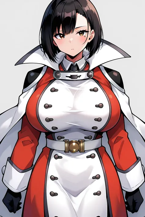 masterpiece, best quality, amazing quality, very aesthetic, absurdres, newest, serena-liver020, 1girl, solo, black hair, short hair, black gloves, big breasts, white belt, bangs, long cape, white cape, buttons, brown eyes, mole under eye, long coat, white ...