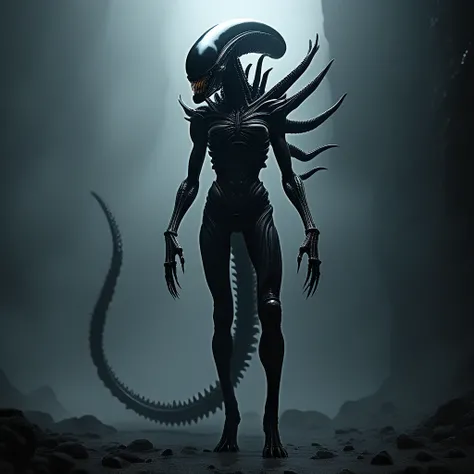 full body portrait of a xenomorph queen, towering and majestic, intricate biomechanical design, elongated head, and elongated tail, glossy black exoskeleton gleaming under dim light, sharp claws and teeth exposed, surrounded by a dark, alien landscape with...