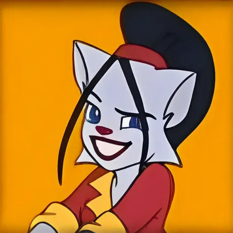 1girl, solo, black hair, smile, furry female, furry, animal ears,red nose, open mouth, orange background, looking at viewer, hair bun, upper body, single hair bun,blue eyes, red shirt,cat girl,cat ears,gray skin