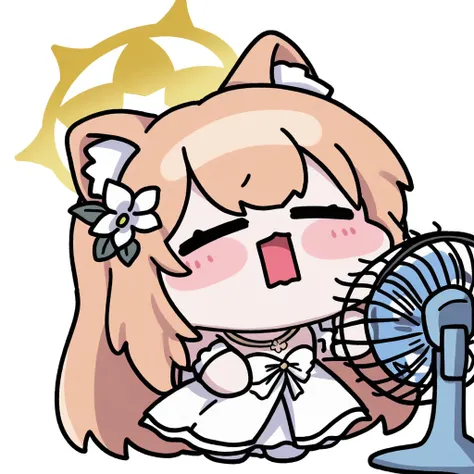 <lora:Are_A_R_noob10-xl-000060:1>,chibi,1girl, electric_fan, animal_ears, halo, mari_(blue_archive), yellow_halo, orange_hair, white_dress, simple_background, open_mouth, cat, closed_eyes, long_hair, solo, =_=, hot, dress, chibi, white_background, cat_ears...