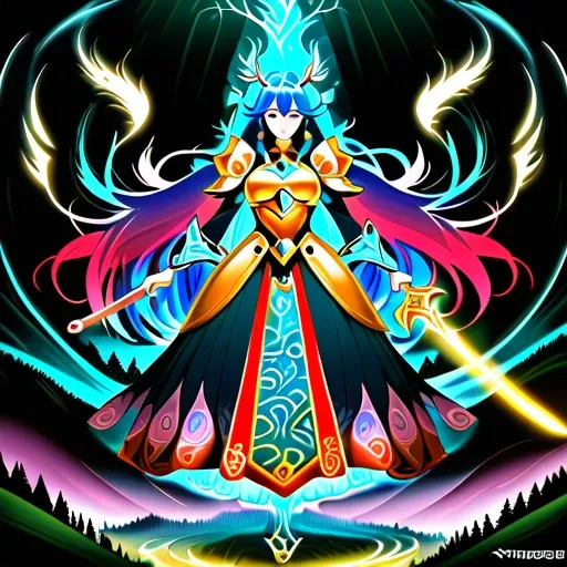 an intricately designed Korean MMO character, anime style, featuring vibrant armor adorned with intricate patterns, flowing hair with a gradient of colors, wielding a glowing sword, set against a dynamic fantasy landscape with mythical creatures and enchan...