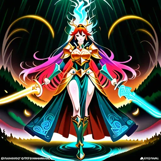 an intricately designed Korean MMO character, anime style, featuring vibrant armor adorned with intricate patterns, flowing hair with a gradient of colors, wielding a glowing sword, set against a dynamic fantasy landscape with mythical creatures and enchan...