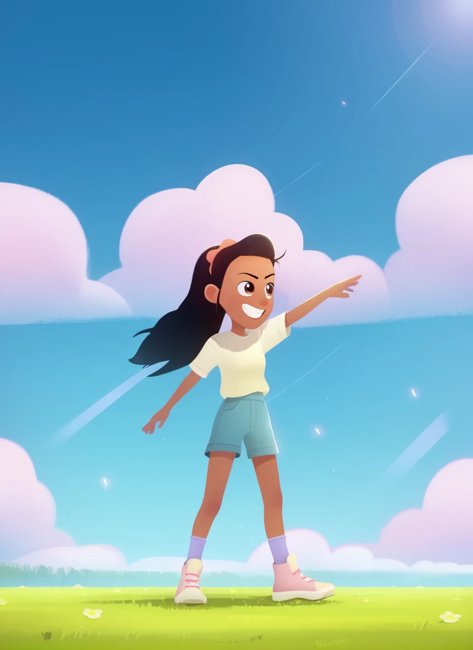 (zPDXL3) source_cartoon, Perfect Hands, full body, poke_ava, 1girl, solo, dark-skinned female, black hair, long hair, ponytail, white shirt, shorts, female child, outdoors, scenery, sky, grass, cloud, blue sky, day,  smile,  battle stance, ready, wind gust...