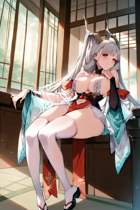 masterpiece, best quality, anime, 2d, 1girl, red eyes, grey hair, long hair, antlers, hair on horn, black choker, red neck bow, japanese clothes, clothing cutout, center opening, see-through detached wide sleeves, black bridal gauntlets, obi, red pelvic cu...