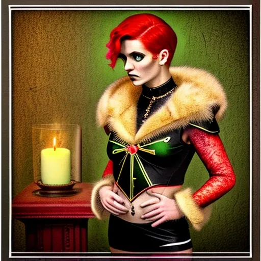 uniform, still life, piercing, black shorts, green gloves, bird on shoulder, two-tone hair, cross, cellphone, red theme, green theme, guitar, aquarium, red skin, glass, candle, medium hair, pink hair, fur trim