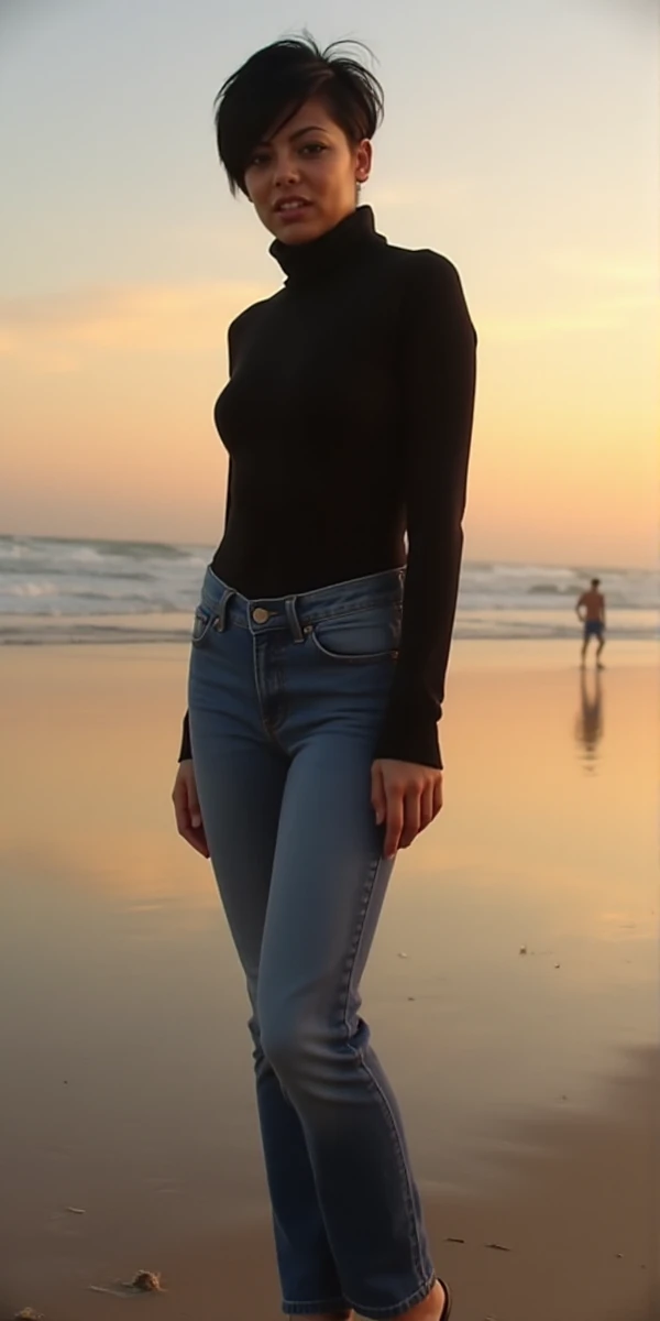 <lora:Jazmine_RoseV3:0.9> jazmine rose, a woman, black pixies hair. full body.  She wears a tight turtleneck and jeans and higheels. She pose on the beach in rio, brazil. sunset.