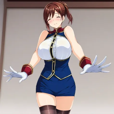 shirt, blush, mole, sleeveless, brown hair, gloves, skirt, Chisaki Sakurama, closed eyes, breasts, white gloves, thighhighs