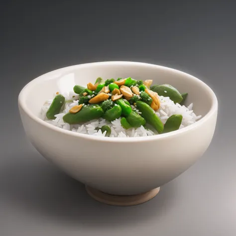 ((( gray background, simple background))),masterpiece,best quality,great quality,good quality,Rice in a cyan ceramic bowl, green vegetables