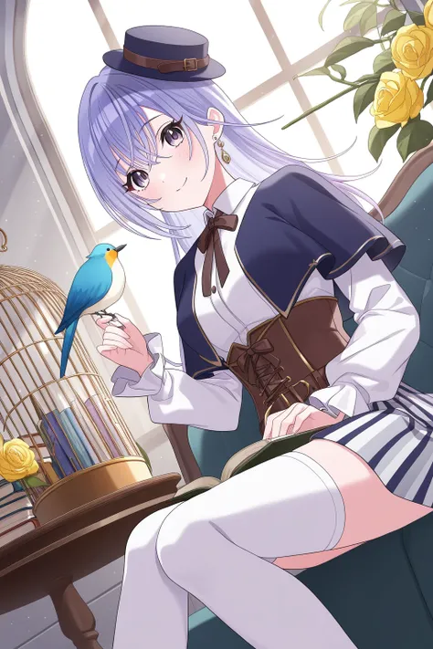 <lora:Suzuki_Hana:1>, Suzuki Hana, long hair, blue hair, hair between eyes, purple eyes, 1girl, bird, book, sitting, holding, solo, hat, striped skirt, bird on hand, thighhighs, holding book, skirt, mini hat, cage, window, dutch angle, birdcage, frilled sl...