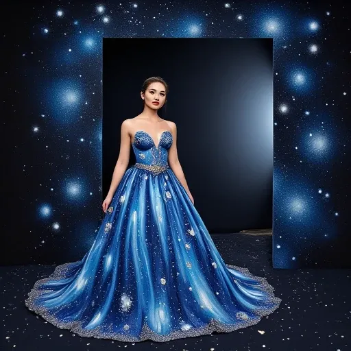 A woman stands on the edge of the universe, her body hand-painted in cosmic, couture brilliance. Every inch of her skin is adorned with trompe l’oeil fabric, giving the illusion that the galaxy itself drapes her in a gown of deep blues, glittering stars, a...