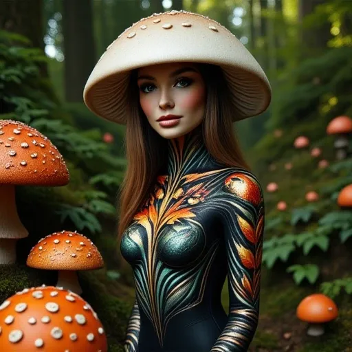 surrounded by lush, accentuating her small to medium-sized breasts, stylized illustration of a woman with long, yellow spots that mimic the spots on real-life mushroom caps. The outfits design features a zipper running down the middle, gradient-blended ima...