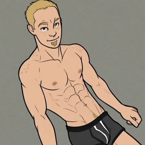 Eddie Brock, Facial Hair, Blond Hair, Freckles, Buzz cut, Short Hair, 1boy, Male Focus, Solo, Slim Body, Swimmers Build, Abs, pecs, Nipples, Boxers