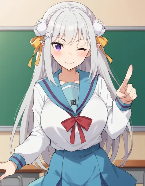 anime girl in a school uniform with a blackboard in the background