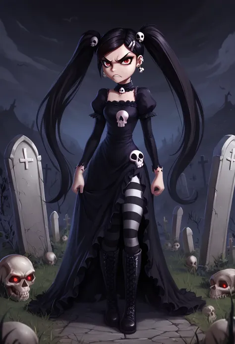 score_9, score_8_up, score_7_up, BREAK 14-biss 1girl, long black hair, pigtails, skull hairclips, red eyes, cross earrings, gothic dress, goth dress, stripped leggings, high black boots, full body, solo, solo focus, alone, angry at viewer, cartoon, source_...