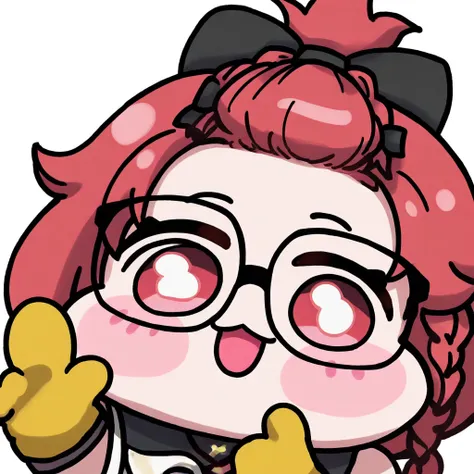 <lora:Are_A_R_noob10-xl-000060:1>,solo, 1girl, red hair, glasses, transparent background, black-framed eyewear, gloves, virtual youtuber, index finger raised, open mouth, bow, hair bow, smile, blush stickers, upper body, yellow gloves, bangs pinned back, b...