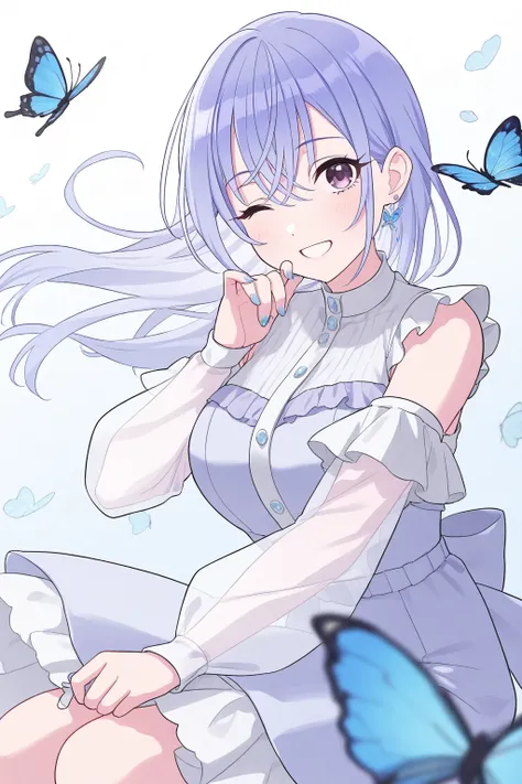 <lora:Suzuki_Hana:1>, Suzuki Hana, long hair, blue hair, hair between eyes, purple eyes, 1girl, bug, butterfly, one eye closed, see-through sleeves, solo, see-through, blue butterfly, looking at viewer, dress, smile, breasts, jewelry, frills, blurry foregr...