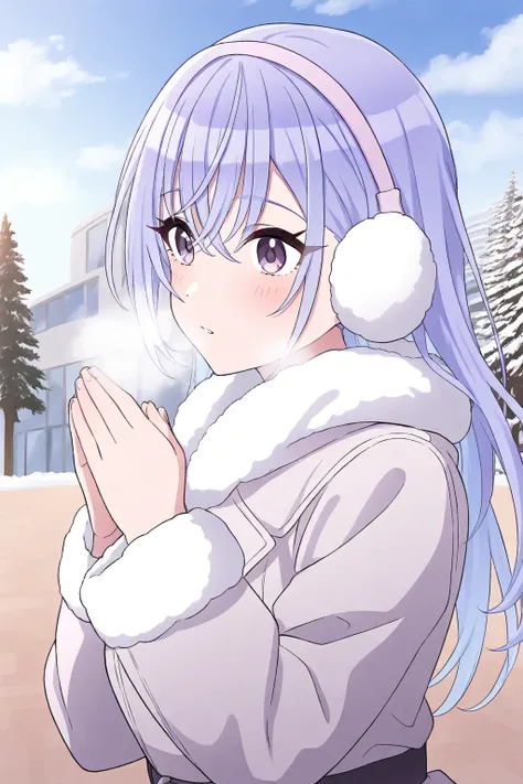 <lora:Suzuki_Hana:1>, Suzuki Hana, long hair, blue hair, hair between eyes, purple eyes, 1girl, solo, outdoors, earmuffs, breath, sky, building, upper body, blush, tree, coat, fur trim, long sleeves, day, own hands together, blue sky, cloud, jacket, winter...