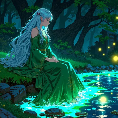 animexl an ethereal elf princess with glowing silver hair, wearing a flowing emerald gown adorned with golden patterns, sitting by a glowing blue lake in an enchanted forest, surrounded by bioluminescent flowers, glowing fireflies, and ancient stone ruins ...