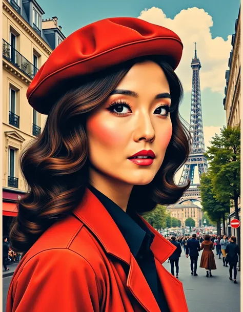 enticing portrait by Shepard Fairey; showing a woman, exploring the charming streets of Paris amidst a picturesque Parisian scene, featuring wistful eyes, soft waves in hair, a stylish beret, and a fashionable outfit reflecting Parisian chic.
 <lora:Ashley...