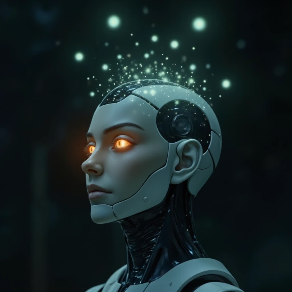 Anime screencap featuring a Minimalist and abstract side profile of a robot woman with a universe sprouting from her mind as she opens her eyes and attains consciousness for the first time in the dark. She has beautiful and intelligent bright orange eyes b...