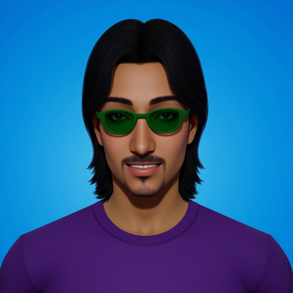 Inzoi style,solo,posing,looking at viewer,blue background,portrait,smile,1boy, black hair, ((medium hair)), brown eyes, green sunglasses, ((tanned skin)), beard stubble, purple t-shirt