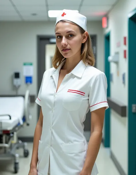 ellker dressed in a pristine white nurse uniform with a red cross emblem on the pocket, standing in a well-lit hospital corridor. The uniform is crisply ironed, and she wears a matching white cap with a red stripe. Her hair is neatly styled, and she has a ...