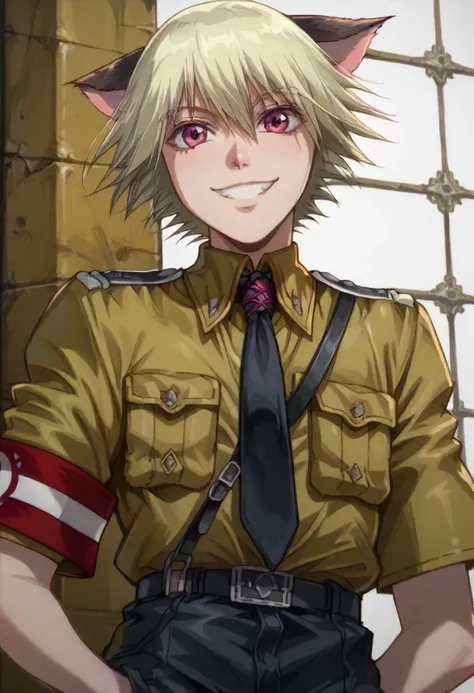 score_9, score_8_up, score_7_up,   <lora:schroedingerXL11:1.0> schroedingerXL11, 1boy, pink eyes, blonde hair, Cat ears, military uniform, black necktie , black shorts, smile, armband