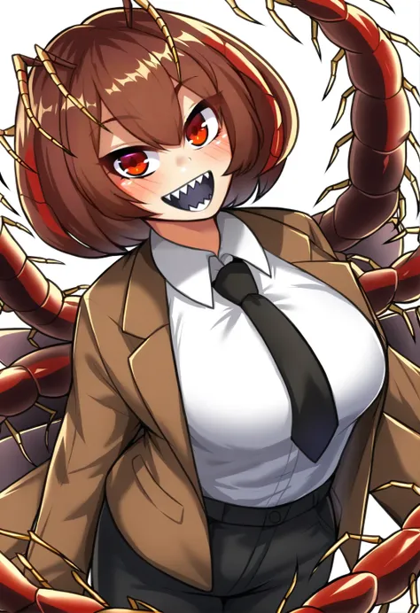 1girl, 
solo, monster girl, monster, clothing, insects, claw, looking at viewer, red eyes, shirt, black pants, brown jacket, :d, cowboy shot, teeth, breasts, extra arms, smile, sharp teeth, necktie, arthropod limbs, collared shirt, centipede girl, simple b...