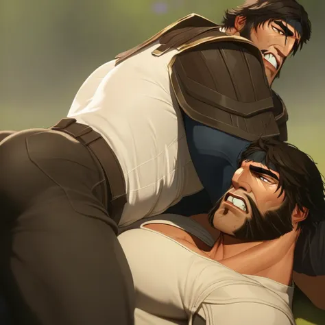 LorisArcaneV1, blurry, shirt, ass, looking down, white shirt, profile, pants, bara, bangs, gritting teeth, lying, shoulder armor, clenched teeth