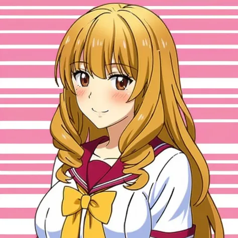 1girl,solo,long hair,long hair,light orange-blonde hair,brown eyes,school uniform,school uniform with a pink and white top and a burgundy-red underlayer, detailed with a yellow bow, reflecting the bright colours and soft,breasts,blush,smile