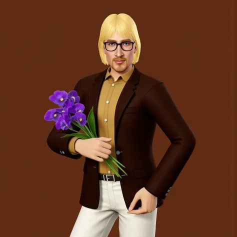 Inzoi style,solo,posing,looking at viewer,holding African violets,portrait,brown background,1man, blonde hair, bob hairstyle, stubble, bang, blue eyes, brown blazer, beige shirt, white pants, glasses