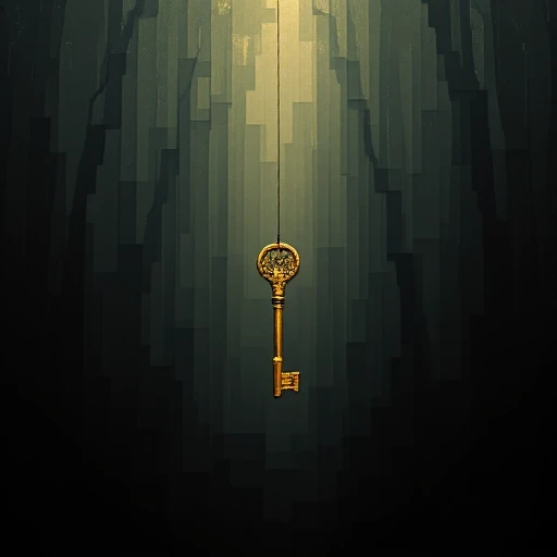 Layered grids with anti-phase gradients, creating depth through fading shadows and highlights., A golden key hanging in the center of a dark forest