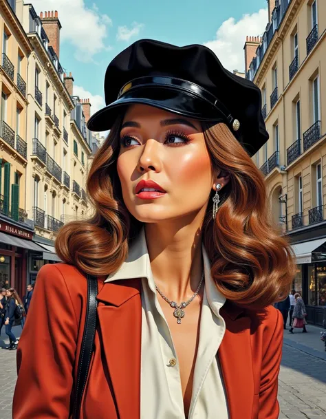 enticing portrait by guido crepax; showing a woman, exploring the charming streets of Paris amidst a picturesque Parisian scene, featuring wistful eyes, soft waves in hair, a stylish beret, and a fashionable outfit reflecting Parisian chic.
 <lora:AshleyFl...