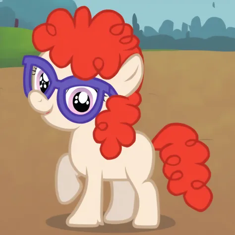 score_9, solo,  pony source, female pony, feral pony, twist, fluffy fur, looking at viewer, full body, foal, filly, red hair, square purple glasses, red hooves, curly hair, show accurate