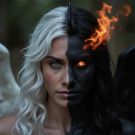 Misty Valley a close-up of a mysterious woman one half of her body and face is beautiful angelic appearance blue eyes white hair the other half of her body and face is demonic coal-black skin red eye and hair are burning with fire demonic horn on her back ...