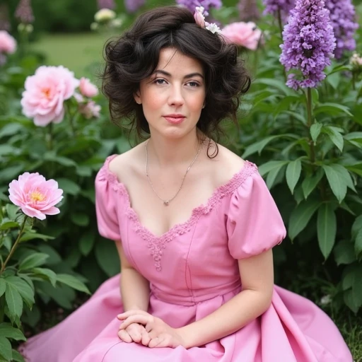 A photograph of a woman sitting in a garden of peonies and lilacs while wearing a pink dress. She is looking at the viewer with a gentle expression.