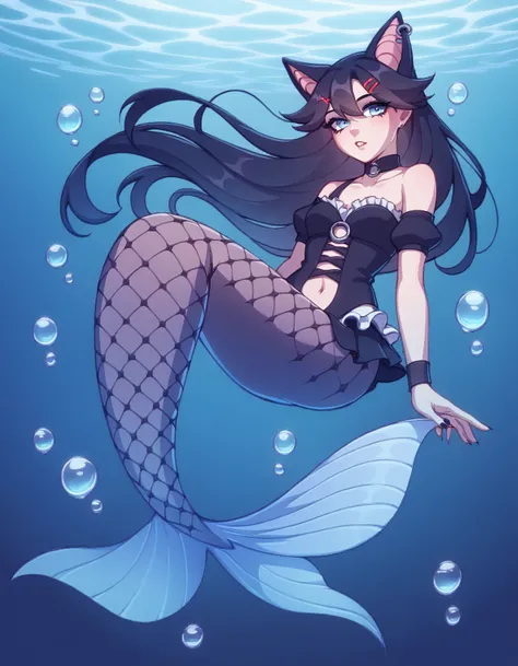 score_9, score_8_up, score_7_up, score_6_up, source_anime
Find, feline ears, dark hair, long hair, glowing blue eyes, gothic-inspired black outfit with bat-like wing details, accessorized with metallic elements, 
mermaid, underwater, bare shoulders, water,...