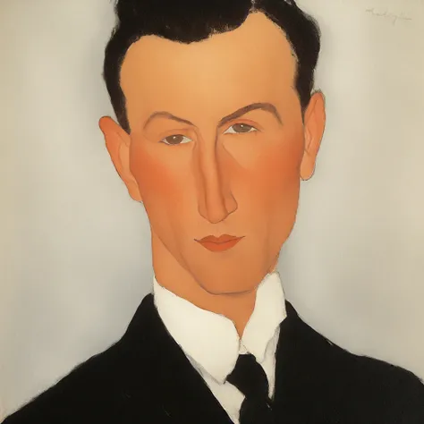 amedeomodigliani, abstract art painting by Amedeo Modigliani it features a close-up portrait of a man with a prominent, symmetrical face, the mans skin is a warm, earthy tone, with a slight blush on his cheeks, giving it a soft, almost dreamlike quality, h...