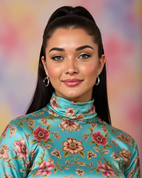 headshot photo of Amy Jackson woman,candid photo with natural colors, grinning expression on face,studio quality, wearing intricate conservative turtleneck Teal Kalamkari Dress (hand-painted fabric), high ponytail, pastel shaded multicolored background, ci...